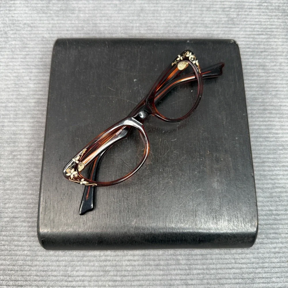 Vintage 60s A Paris Cat Eye Y2k Glasses Tortoise Shell Silver Floral France Vtg